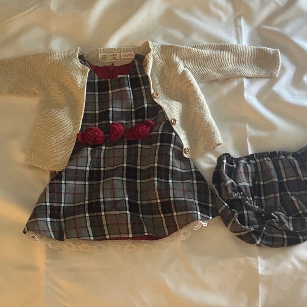 Plaid Dress with Cream Cardigan and Diaper Cover
